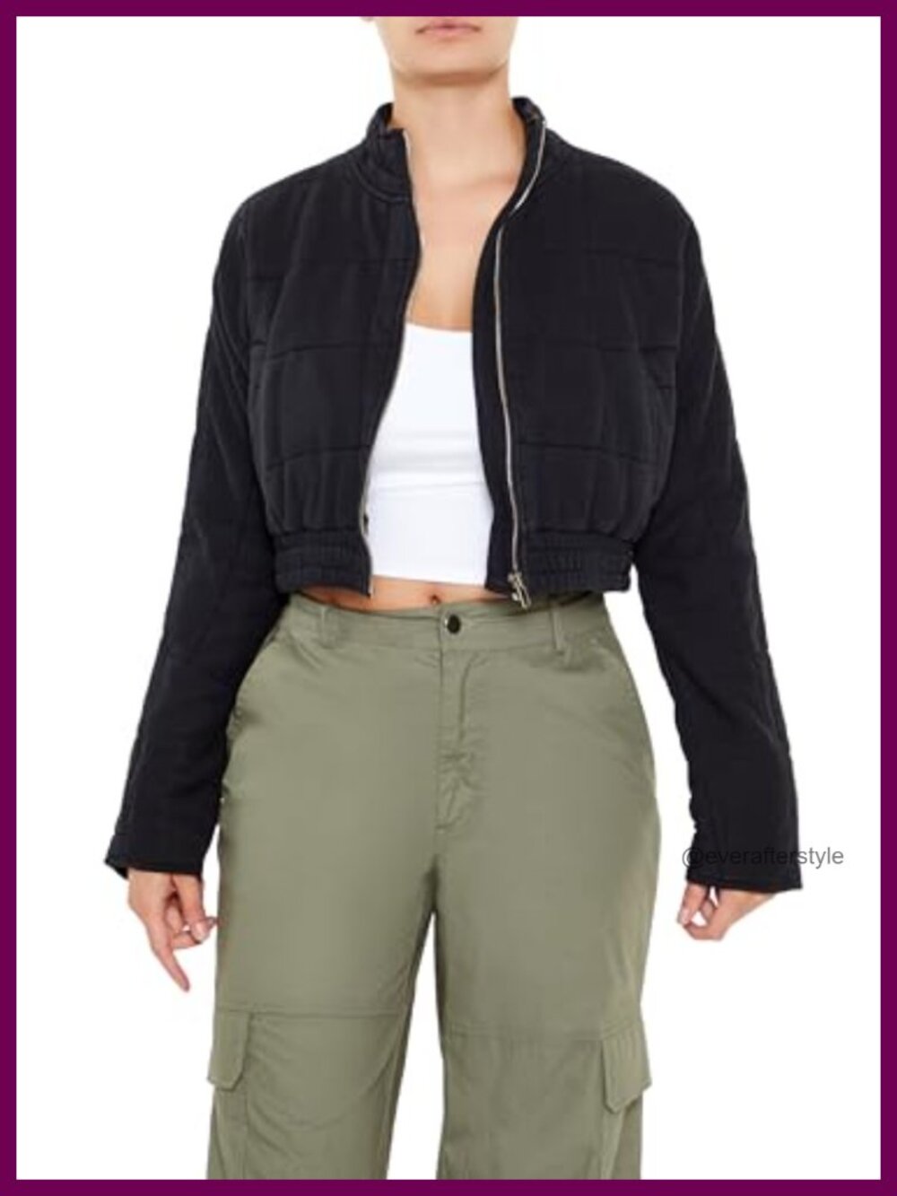 Quilted Zip-Up Cropped Jacket Funnel Neck Fitted Cold Weather Coat